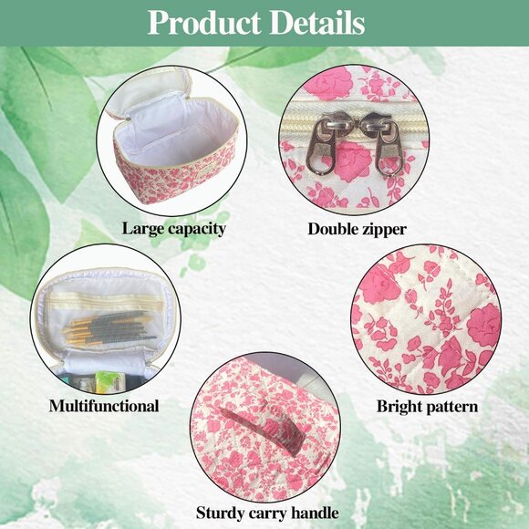 Pink Large Quilted Floral Makeup Bag Cute Soft Coquette Aesthetic Cosmetic Bag C - Picture 4 of 6